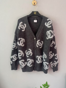 Chanel Allover CC Logo Gray Cashmere Knitted Cardigan Sweaters Chanel Allover CC Logo Gray Cashmere Knitted Cardigan Sweaters