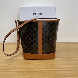 Celine Medium Bucket Shoulder Bag Tan Triomphe Canvas and Calfskin Celine Medium Bucket Shoulder Bag Tan Triomphe Canvas and Calfskin