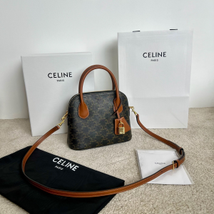 Celine Teen Honorine Top Handle Shoulder Bag Tan Triomphe Canvas and Calfskin Celine Teen Honorine Top Handle Shoulder Bag Tan Triomphe Canvas and Calfskin