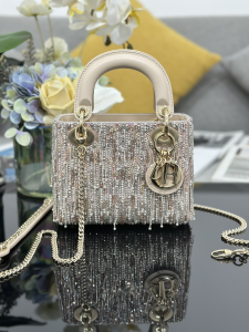 Dior Mini Lady Dior Tote Shoulder Bag with Pearls and Sequins Beige Dior Mini Lady Dior Tote Shoulder Bag with Pearls and Sequins Beige