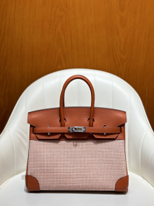 Hermes Limited Edition Rouge Sellier Swift and Framboise and Ecru Toile Quadrille Birkin 25Tote Bag Brown Pink Hermes Limited Edition Rouge Sellier Swift and Framboise and Ecru Toile Quadrille Birkin 25Tote Bag Brown Pink