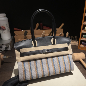 Hermes Limited Edition Shoulder Birkin 29 Canvas Striped and Black leather Top Handle Bag Hermes Limited Edition Shoulder Birkin 29 Canvas Striped and Black leather Top Handle Bag