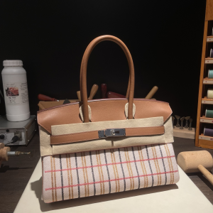 Hermes Limited Edition Shoulder Birkin 29 Canvas Striped and Brown leather Top Handle Bag Hermes Limited Edition Shoulder Birkin 29 Canvas Striped and Brown leather Top Handle Bag