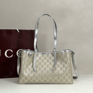 Gucci GG Emblem Medium Tote Bag Metallic Silver GG Monogram Canvas Gucci GG Emblem Medium Tote Bag Metallic Silver GG Monogram Canvas