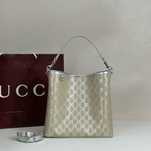 Gucci GG Emblem Small Bucket Shoulder Bag Metallic Silver GG Monogram Canvas Gucci GG Emblem Small Bucket Shoulder Bag Metallic Silver GG Monogram Canvas