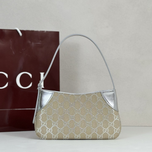 Gucci GG Emblem Small Shoulder Bag Metallic Silver GG Monogram Canvas Gucci GG Emblem Small Shoulder Bag Metallic Silver GG Monogram Canvas