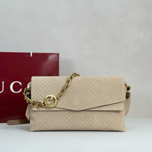 Gucci Large Shoulder Bag with Chain Beige Suede GG Embossed Leather Gucci Large Shoulder Bag with Chain Beige Suede GG Embossed Leather