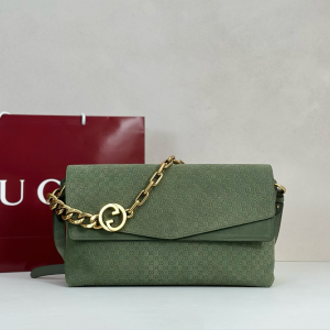 Gucci Large Shoulder Bag with Chain Green Suede GG Embossed Leather Gucci Large Shoulder Bag with Chain Green Suede GG Embossed Leather