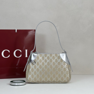 Gucci Small Silver Leather and GG Canvas Tote Shoulder Bag Gucci Small Silver Leather and GG Canvas Tote Shoulder Bag