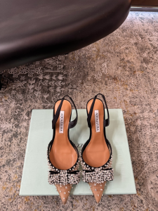 Aquazzura bow detail Crystal Embellished Suede Slingback Pumps Beige Black 75MM Aquazzura bow detail Crystal Embellished Suede Slingback Pumps Beige Black 75MM