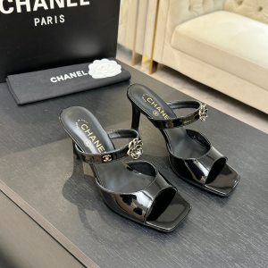 Chanel CC Flower Black Leather High Heeled Sandals Chanel CC Flower Black Leather High Heeled Sandals