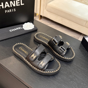 Chanel Crystal CC Black Leather Flat Slides Sandals Chanel Crystal CC Black Leather Flat Slides Sandals