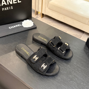 Chanel Crystal CC Black Suede Leather Strap Flat Slides Sandals Chanel Crystal CC Black Suede Leather Strap Flat Slides Sandals