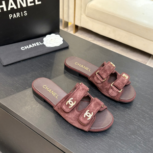 Chanel Crystal CC Red Suede Leather Strap Flat Slides Sandals Chanel Crystal CC Red Suede Leather Strap Flat Slides Sandals