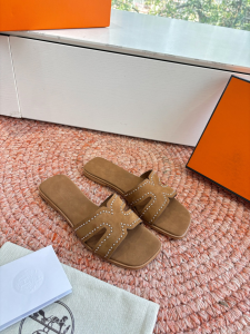 Hermes Oran Studded Flat Slides Sandals Brown Suede Leather Hermes Oran Studded Flat Slides Sandals Brown Suede Leather
