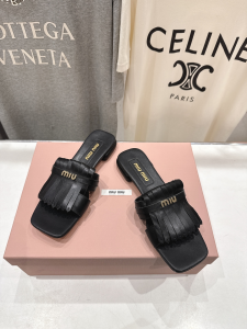 Miu Miu Logo Black Leather Fringed Flat Slides Sandals Miu Miu Logo Black Leather Fringed Flat Slides Sandals