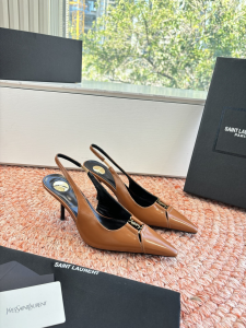 Saint Laurent Babylone Breteuil YSL Leather Slingback Pumps Brown 70MM Saint Laurent Babylone Breteuil YSL Leather Slingback Pumps Brown 70MM