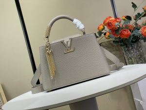 Louis Vuitton Capucines BB Tote Shoulder Bag with Chain Light Gray Grained Calf Leather Louis Vuitton Capucines BB Tote Shoulder Bag with Chain Light Gray Grained Calf Leather