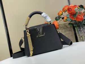 Louis Vuitton Capucines Mini Tote Shoulder Bag with Chain Black Grained Calf Leather Louis Vuitton Capucines Mini Tote Shoulder Bag with Chain Black Grained Calf Leather