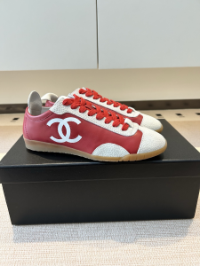 Chanel CC Logo Low Top Lace Up Leather Sneakers Red White Chanel CC Logo Low Top Lace Up Leather Sneakers Red White