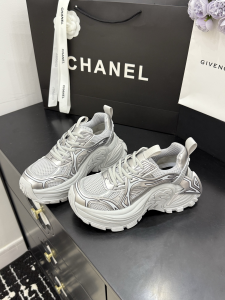 Chanel CC Silver Leather and Mesh Platform Sneakers Chanel CC Silver Leather and Mesh Platform Sneakers