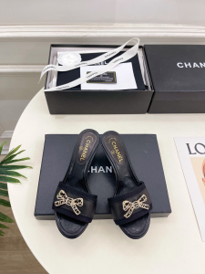 Chanel Crystal CC Bowknot Black Leather Heeled Slides Sandals 50MM Chanel Crystal CC Bowknot Black Leather Heeled Slides Sandals 50MM