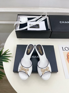 Chanel Crystal CC Bowknot White Woven Leather Heeled Slides Sandals 50MM Chanel Crystal CC Bowknot White Woven Leather Heeled Slides Sandals 50MM