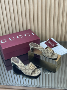Gucci Double G Heeled Slides Sandals Beige GG Canvas 55MM Gucci Double G Heeled Slides Sandals Beige GG Canvas 55MM