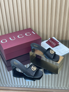 Gucci Double G Heeled Slides Sandals Black Calfskin Leather 55MM Gucci Double G Heeled Slides Sandals Black Calfskin Leather 55MM