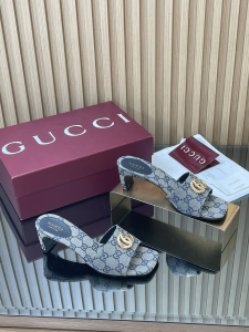 Gucci Double G Heeled Slides Sandals Blue GG Canvas 55MM Gucci Double G Heeled Slides Sandals Blue GG Canvas 55MM