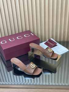 Gucci Double G Heeled Slides Sandals Brown Calfskin Leather 55MM Gucci Double G Heeled Slides Sandals Brown Calfskin Leather 55MM