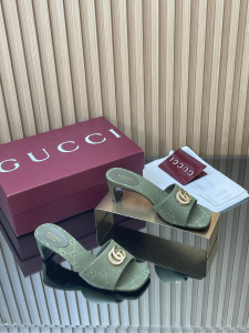 Gucci Double G Heeled Slides Sandals Green GG Canvas 55MM Gucci Double G Heeled Slides Sandals Green GG Canvas 55MM