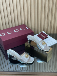 Gucci Double G Heeled Slides Sandals Silver Calfskin Leather 55MM Gucci Double G Heeled Slides Sandals Silver Calfskin Leather 55MM
