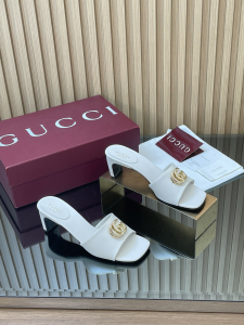 Gucci Double G Heeled Slides Sandals White Calfskin Leather 55MM Gucci Double G Heeled Slides Sandals White Calfskin Leather 55MM