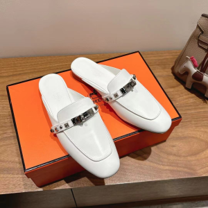 Hermes OZ Flat Mules White Calfskin Leather Hermes OZ Flat Mules White Calfskin Leather