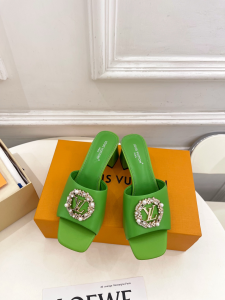Louis Vuitton LV Mare Heeled Slides Sandals Green Calfskin Leather 60MM Louis Vuitton LV Mare Heeled Slides Sandals Green Calfskin Leather 60MM