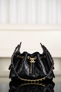 Chanel Vip 25 Mini Bucket Hobo Shoulder Bag Black Shiny Calfskin Leather Chanel Vip 25 Mini Bucket Hobo Shoulder Bag Black Shiny Calfskin Leather