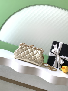 Chanel 2026 Clutch With Chain Pearls Shoulder Bag Gold Quilted Lambskin Leather Chanel 2026 Clutch With Chain Pearls Shoulder Bag Gold Quilted Lambskin Leather