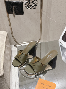 Louis Vuitton LV Mare Heeled Mule Slides Sandals Green Calf Leather 55MM Louis Vuitton LV Mare Heeled Mule Slides Sandals Green Calf Leather 55MM