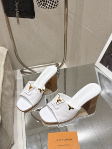 Louis Vuitton LV Mare Heeled Mule Slides Sandals White Calf Leather 55MM Louis Vuitton LV Mare Heeled Mule Slides Sandals White Calf Leather 55MM