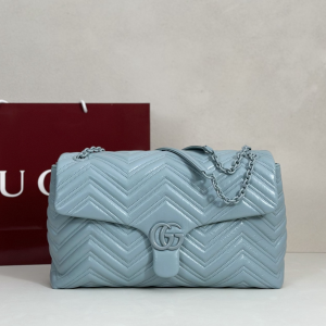 Gucci GG Marmont Large Chain Shoulder Bag Light Blue Matelasse Chevron Lambskin Leather Gucci GG Marmont Large Chain Shoulder Bag Light Blue Matelasse Chevron Lambskin Leather