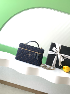 Chanel Dark Blue Denim Classic Vanity Case with Chain Bag Chanel Dark Blue Denim Classic Vanity Case with Chain Bag