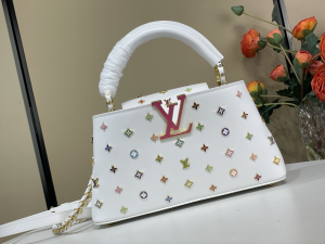Louis Vuitton LVxTM Capucines East West BB Chain Shoulder Bag Multicolor Monogram Studs and White Calfskin Louis Vuitton LVxTM Capucines East West BB Chain Shoulder Bag Multicolor Monogram Studs and White Calfskin