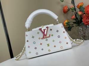 Louis Vuitton LVxTM Capucines East West Mini Chain Shoulder Bag Multicolor Monogram Studs and White Calfskin Louis Vuitton LVxTM Capucines East West Mini Chain Shoulder Bag Multicolor Monogram Studs and White Calfskin
