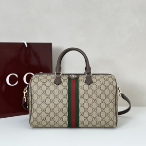 Gucci Ophidia Large Boston Bag Beige Dark Brown GG Monogram Fabric Gucci Ophidia Large Boston Bag Beige Dark Brown GG Monogram Fabric