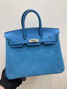 Hermes Birkin 25 Blue Swift and Suede Leather Tote Bag Hermes Birkin 25 Blue Swift and Suede Leather Tote Bag