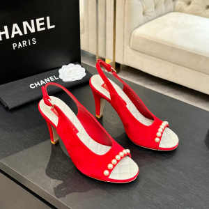 Chanel Red Suede Leather Slingback Sandals with Pearls Chanel Red Suede Leather Slingback Sandals with Pearls