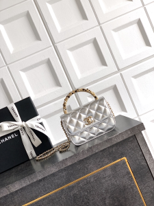 Chanel Small Clutch Flap Bag with Chain Silver Metallic Lambskin Chanel Small Clutch Flap Bag with Chain Silver Metallic Lambskin