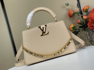 Louis Vuitton Capucines East West BB Bag with Decorative Chain Beige Taurillon Leather Louis Vuitton Capucines East West BB Bag with Decorative Chain Beige Taurillon Leather