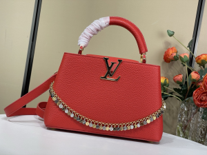 Louis Vuitton Capucines East West BB Bag with Decorative Chain Red Taurillon Leather Louis Vuitton Capucines East West BB Bag with Decorative Chain Red Taurillon Leather